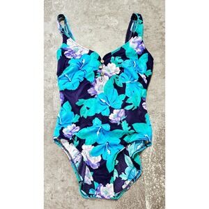 Vintage 1980s Hawaiian Blue Tropical Floral Swimsuit, Maxine of Hollywood